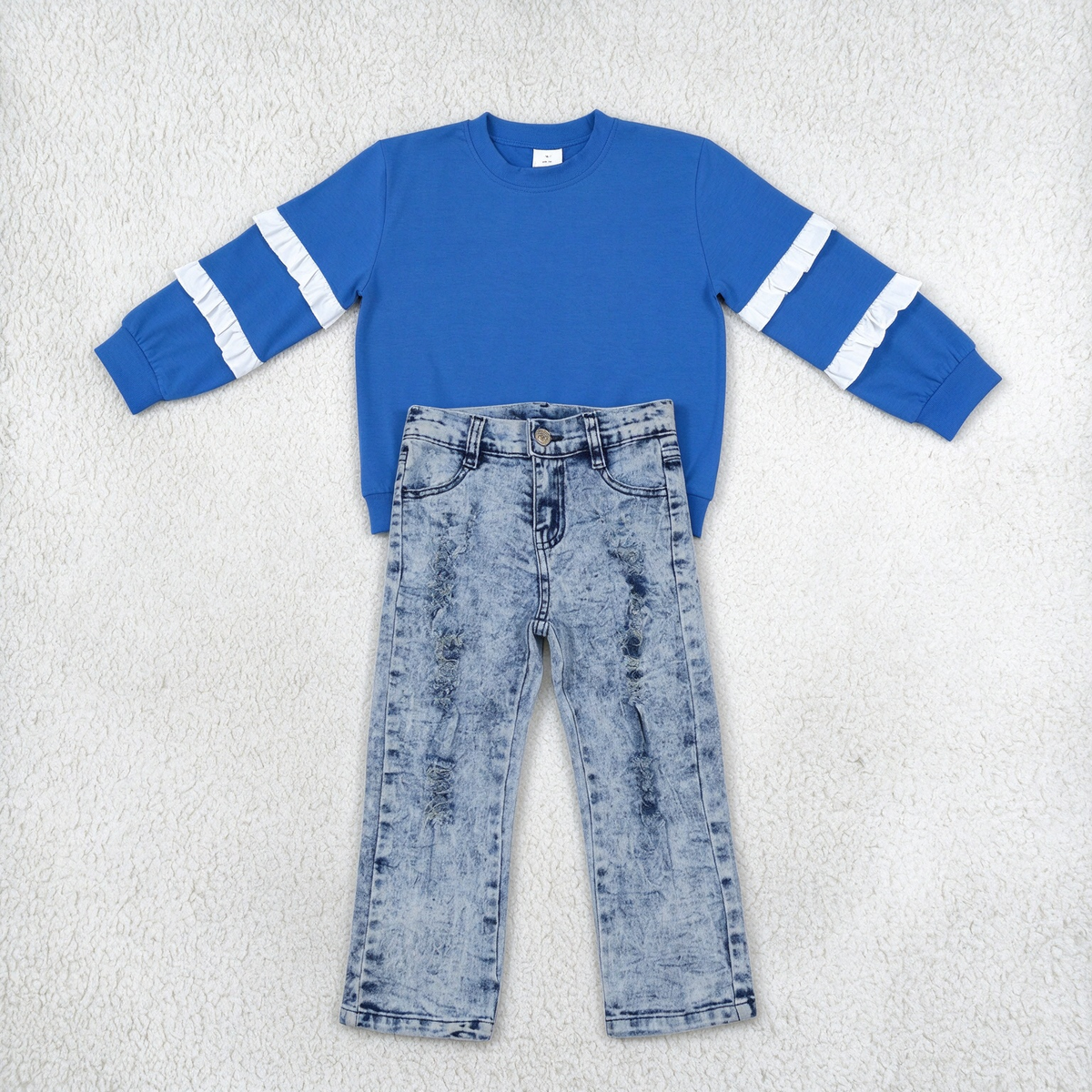 NEW RTS NO MOQ Denim GT1860+ P0244 Baby Girls Royal Blue Ruffle Sleeve Top Denim Jeans Pants Set