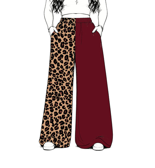 custom moq 5 mix size Baby Kids Leopard Patchwork Burgundy Print Team Flare Pants Casual Bottom