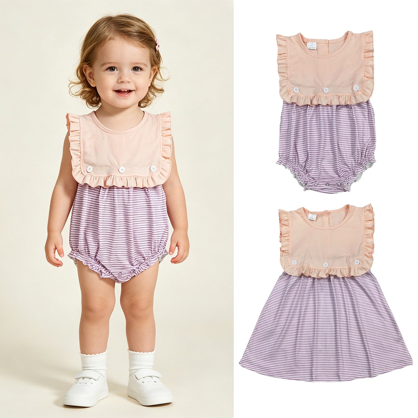 RTS NO MOQ Sibling Baby Girls Peach Lavender Stripe Sleeveless Button Dress Back Button Ruffle Rompers