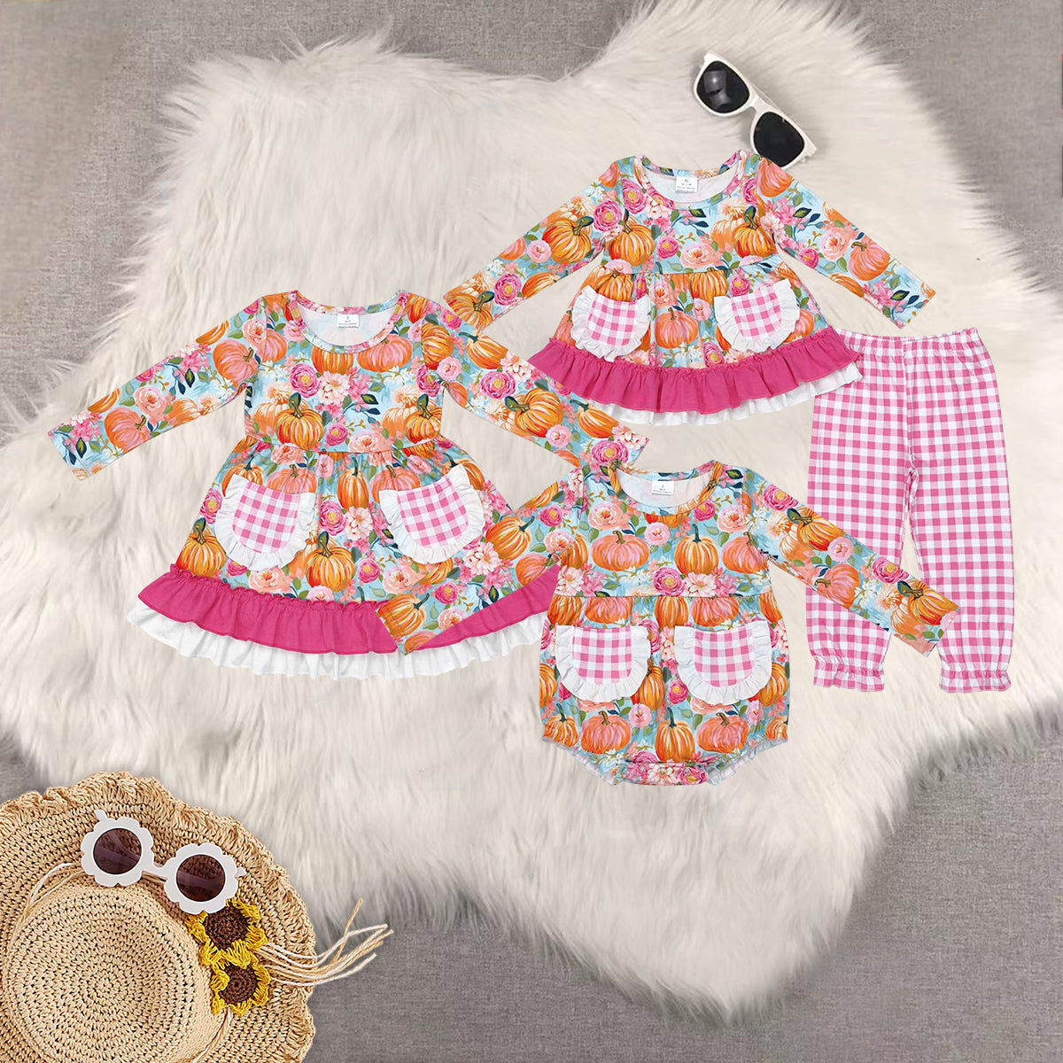 RTS NO MOQ Sibling baby girls baby girl clothes halloween pumpkin long-sleeved trousers suit & romper & dress