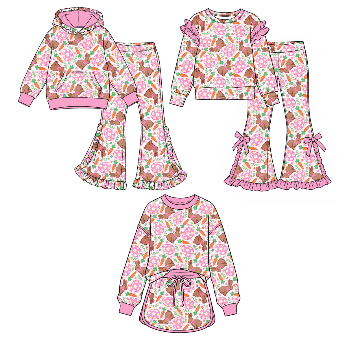(Preorder new) No moq Baby Girls Easter Bunny Carrot Floral Print Outfit Hoodie Flare Pant Ruffle Top Skirt Long Sleeve Set