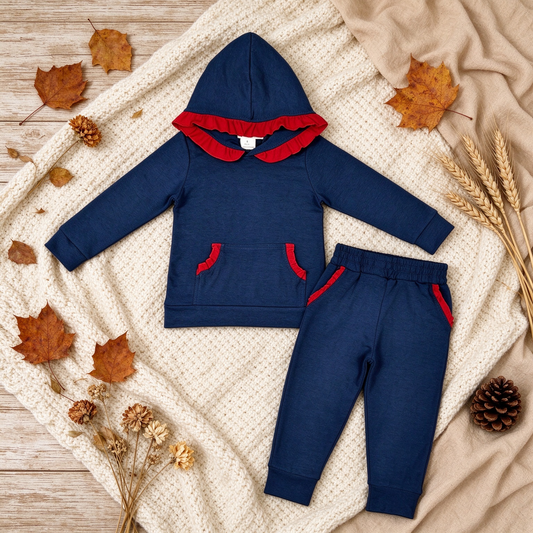 NEW RTS NO MOQ cotton GLP3564 Baby Girls Navy Blue Long Sleeve Ruffle Hoodie Pockets Jogger Sets