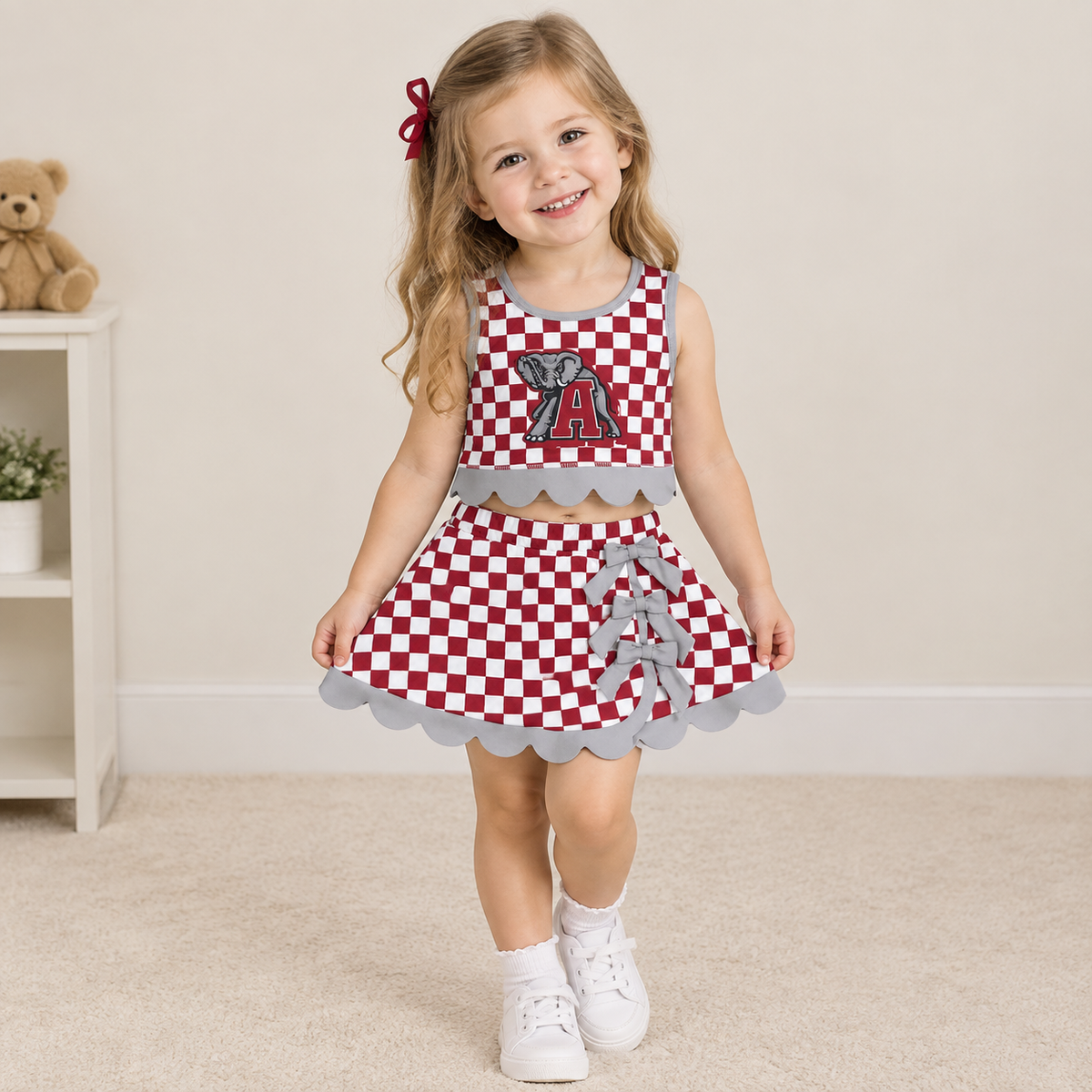 NEW RTS NO MOQq yoga fabric GSD4284 Yoga Baby Girls Checked Bows Scallop Trim Skirt Short Yoga Active Team Outfit Set