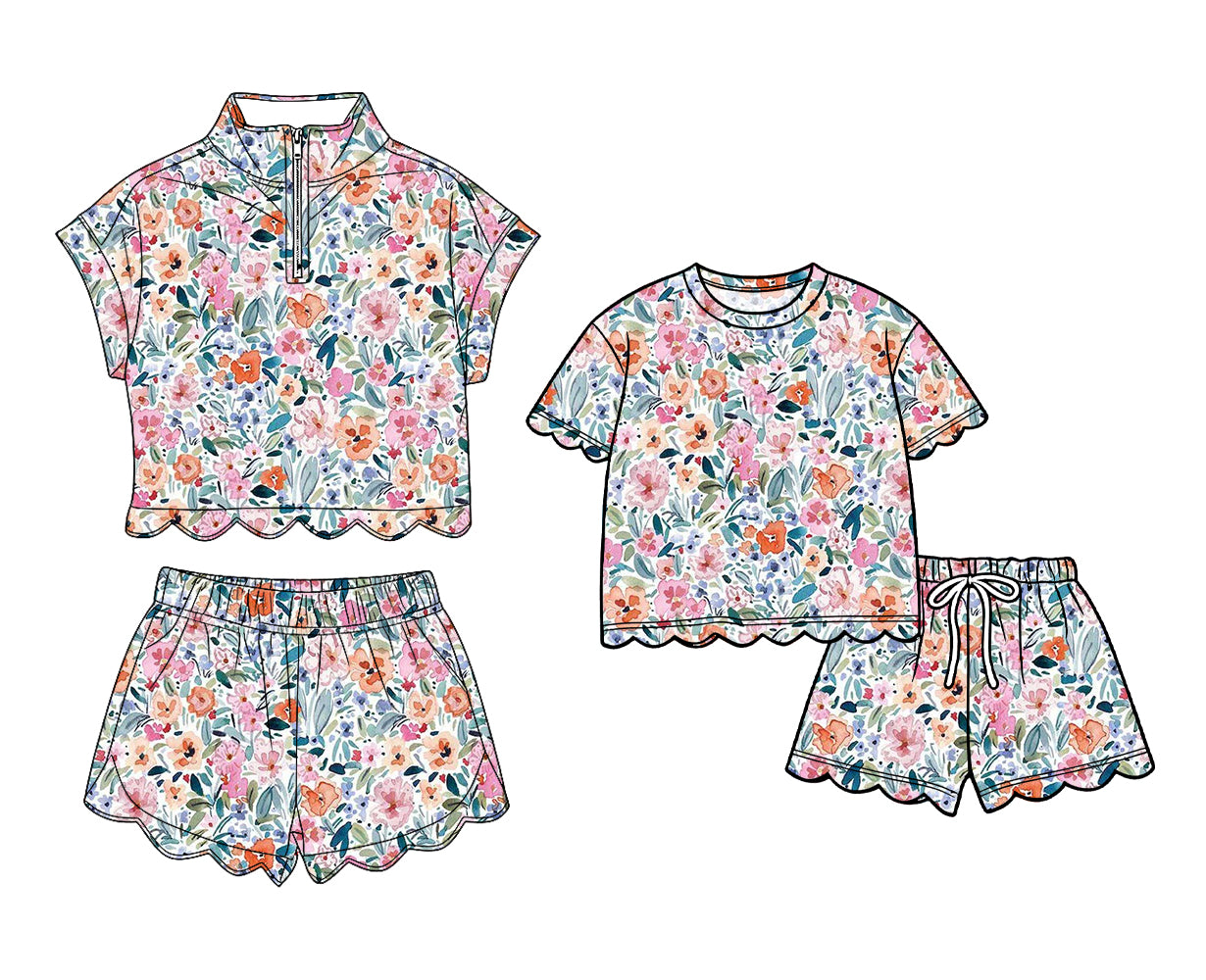 3.16 Custom moq 5 mix size Sibling Baby Girls Colorful Flowers Scallop Top And Shorts Outfit Set Cute Baby Girl Clothing Set