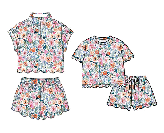 3.16 Custom moq 5 mix size Sibling Baby Girls Colorful Flowers Scallop Top And Shorts Outfit Set Cute Baby Girl Clothing Set