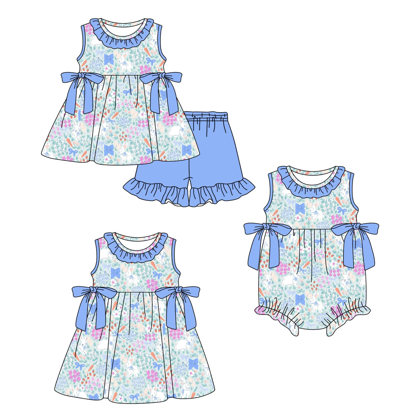 Custom moq 5 mix size Sibling Baby Girl's Bunny Print Easter Short-Sleeved Top And Shorts Set Cute Romper Dress for Summer