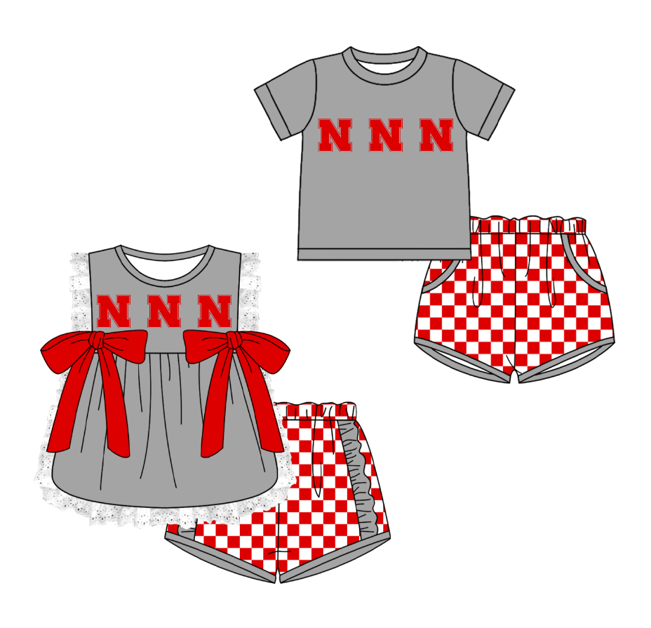 Custom moq 5 mix size milk silk summer teams Grey Girl Sleeveless Top And Plaid Shorts Set with Bow Boy Short Sleeved Top And Plaid Shorts Set