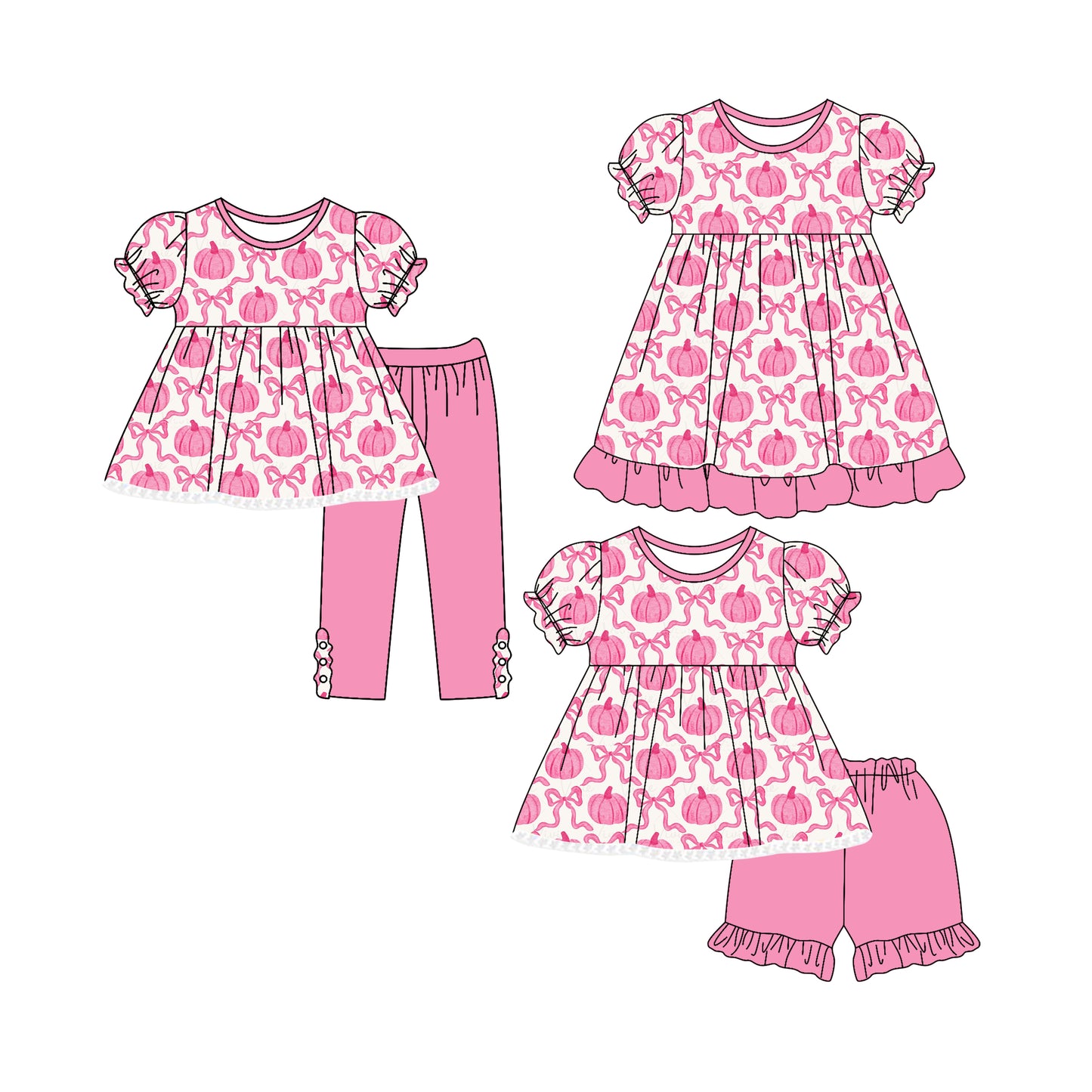 4.25 custom each style moq 5eta 4-6week Sibling Sisters bow pumpkin baby girl short sleeve shorts sets and pants sets and dress match family design