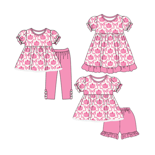 4.25 custom each style moq 5eta 4-6week Sibling Sisters bow pumpkin baby girl short sleeve shorts sets and pants sets and dress match family design