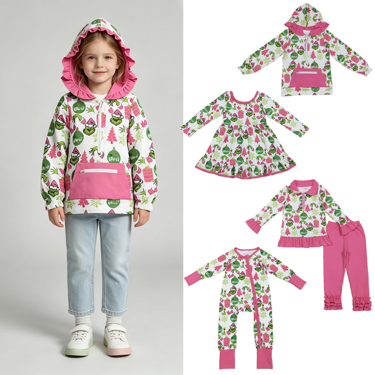 RTS NO MOQ Sibling milk silk Baby Girls Christmas Print Zipper Pullover Top Matching Ruffle Hem Leggings Clothes Set Dress Rompers