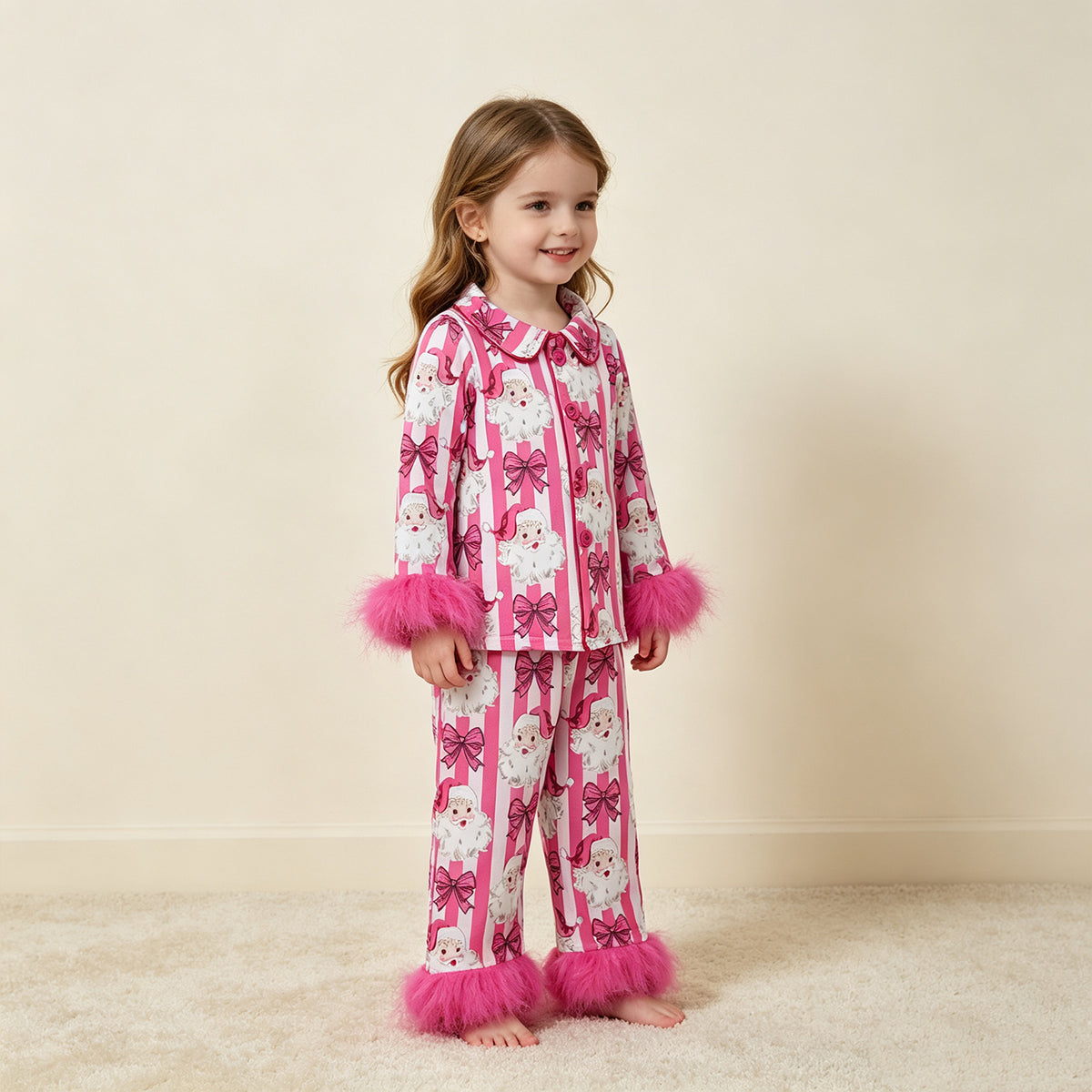NEW RTS NO MOQ milk silk GLP3478 Baby Girls Pink Stripe Bows Santa Print Button Front Top Fur Sleeve Pant Christmas Sleepwear Pajamas Set