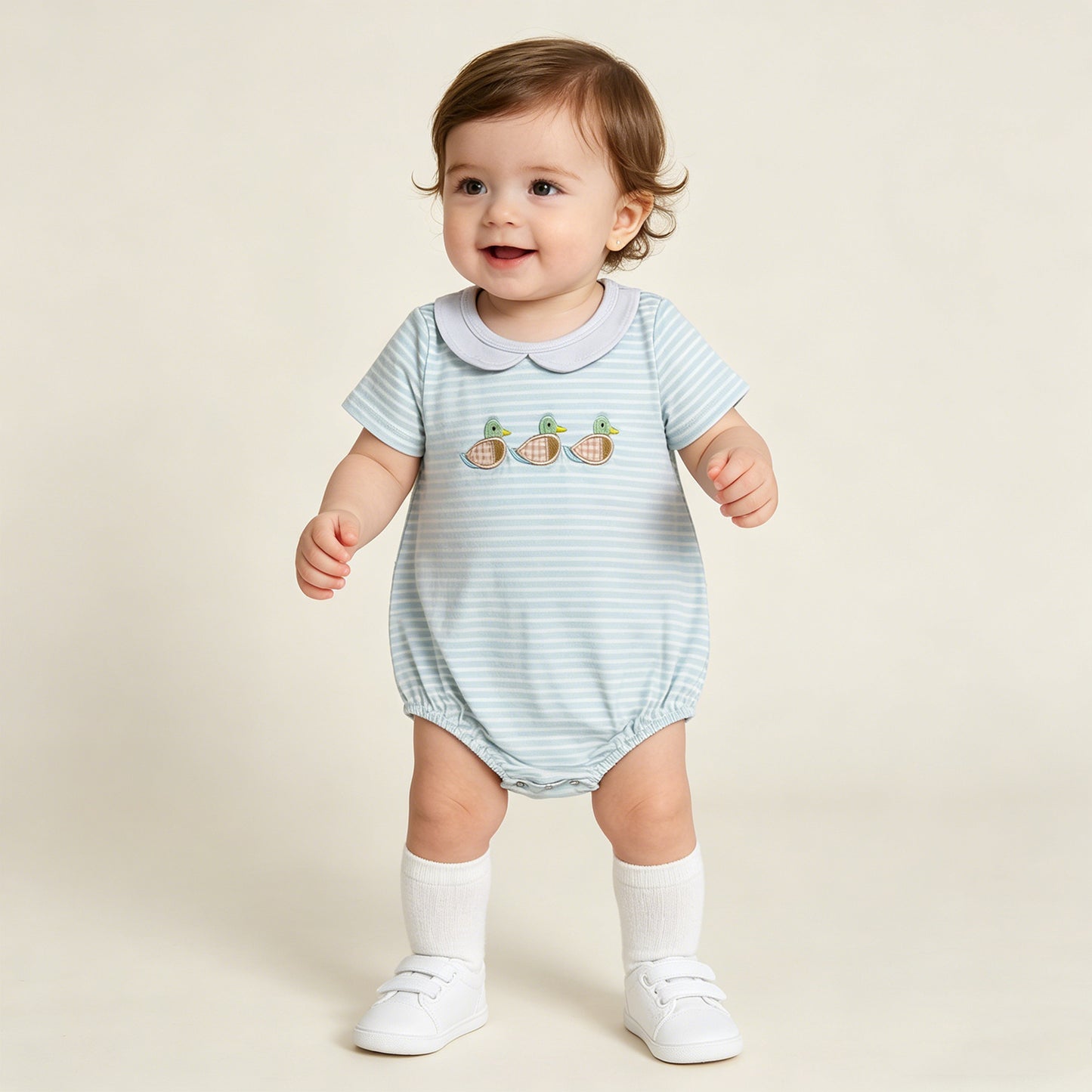 RTS NO MOQ SR4081 Baby Boys Hunting Stripe Duck Embroidery Collared Rompers