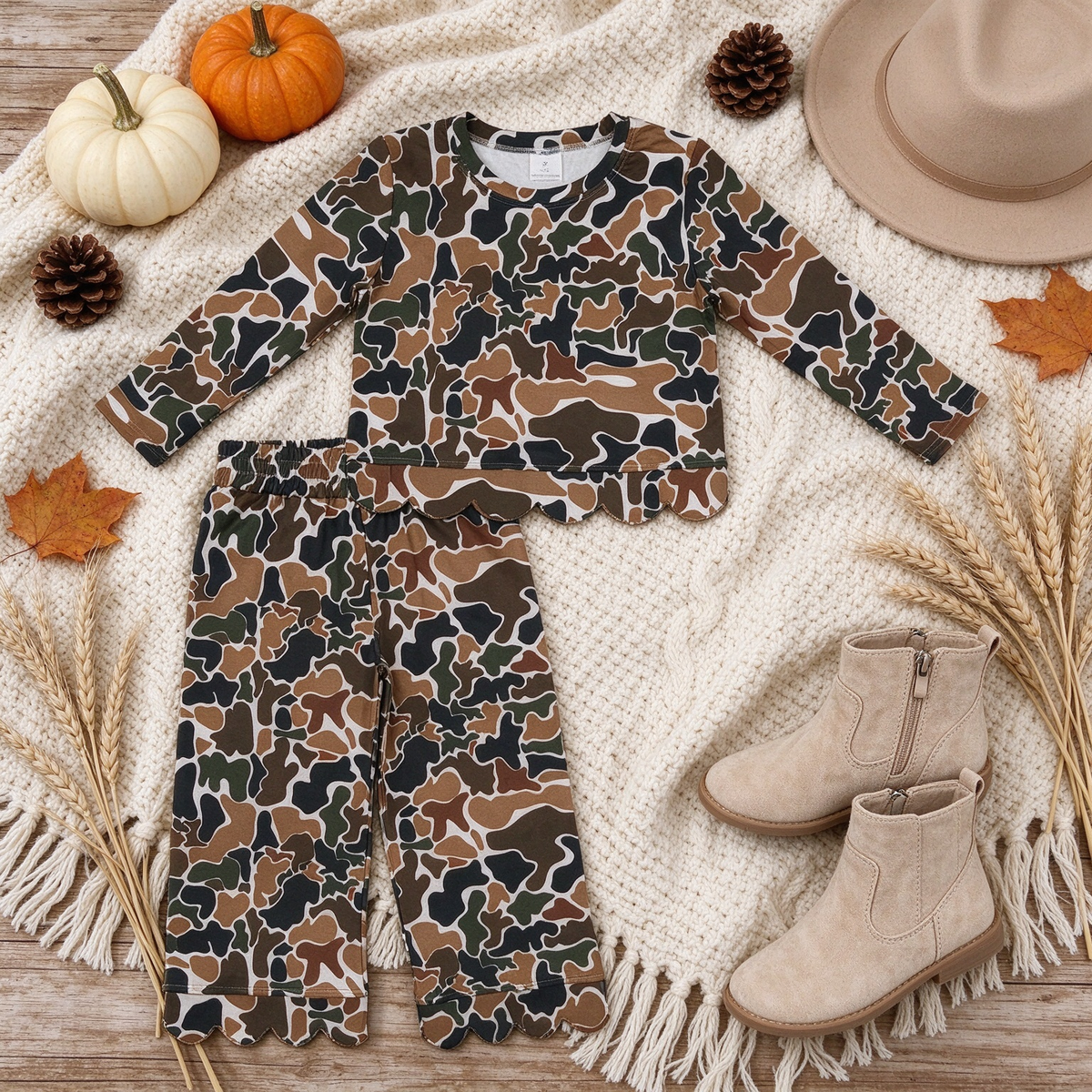 NEW RTS NO MOQ milk silk GT1688+P1145 Baby Girls Dark Brown Camo Scallop Trim Long Sleeve Top And Pants Pajama Set
