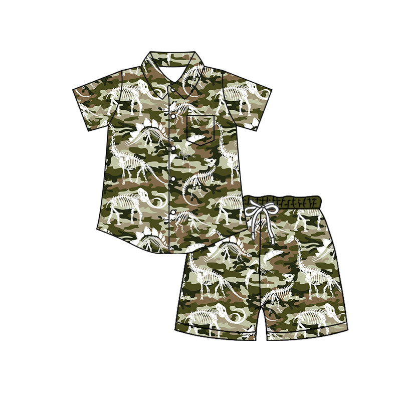 4.8 Custom moq 5 mix size Baby Boy Camouflage Dinosaur Short-Sleeved Button-Down Top with Pockets And Shorts Set