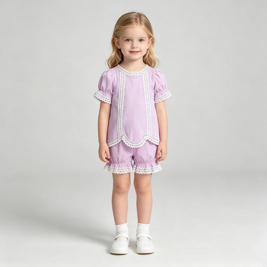 NEW RTS NO MOQ cotton GSSO3681 Baby Girls Lavender Short Sleeve Lace Scallop Tunic Top Ruffle Shorts Set