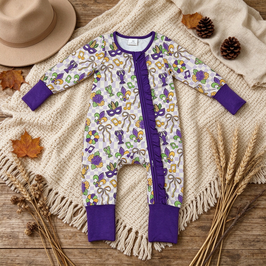 NEW RTS NO MOQ milk silk LR3335 Baby Girls Holiday Print Long Sleeve Two Way Ruffle Zip Convertible Rompers