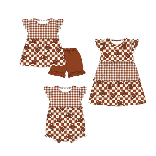 4.9 custom each style moq 5eta 4-6week Sibling Sisters rugby baby girl short sleeve shorts sets and dress and rompers match family design