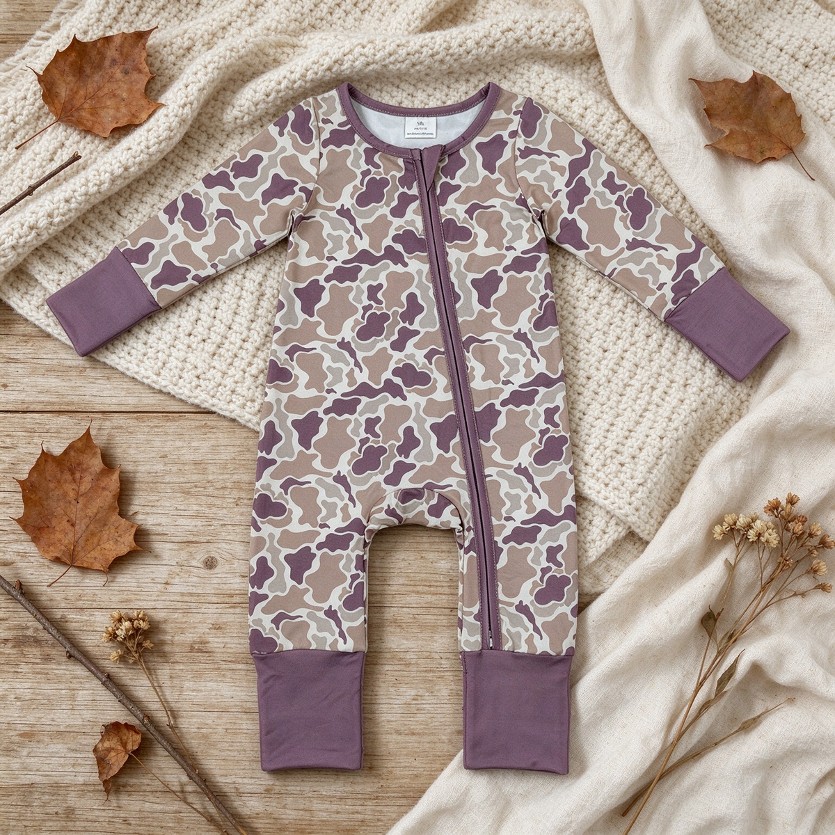 NEW RTS NO MOQ milk silk LR2948 Baby Boys Camo Long Sleeve Two Way Zipper Convertible Crotch Zip Rompers