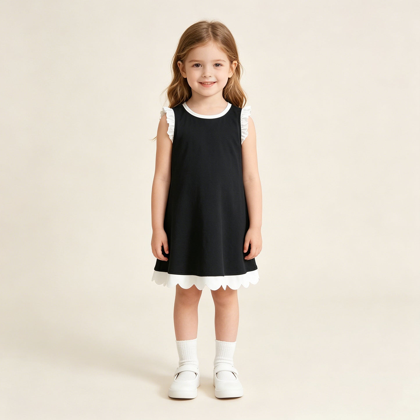 RTS NO MOQ cotton GSD4059 Baby Girls Black White Sleeveless Scallop Knee Length Dress