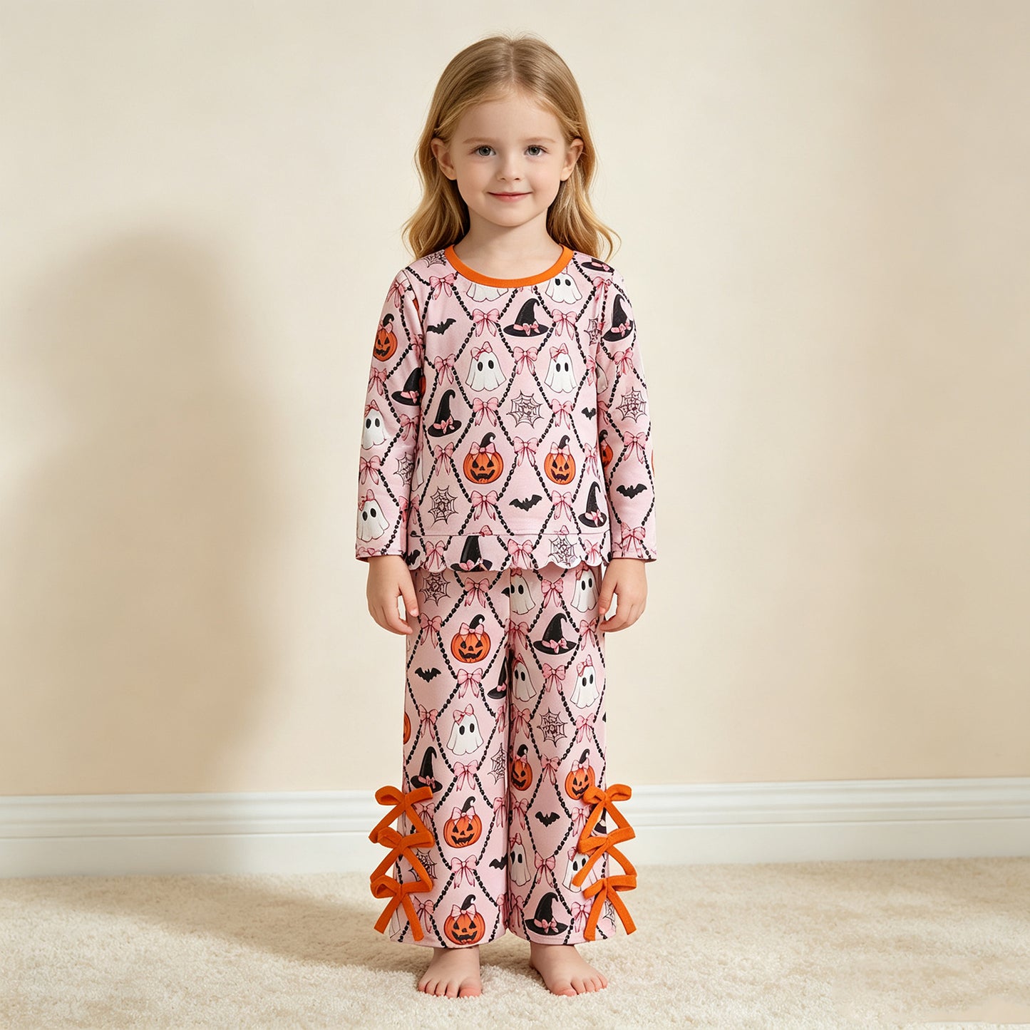 NEW RTS NO MOQ milk silk GLP3434 Baby Girls Ghost Pumpkin Print Scallop Trim Long Sleeve Top Elastic Waist Bow Pants Halloween Outfit