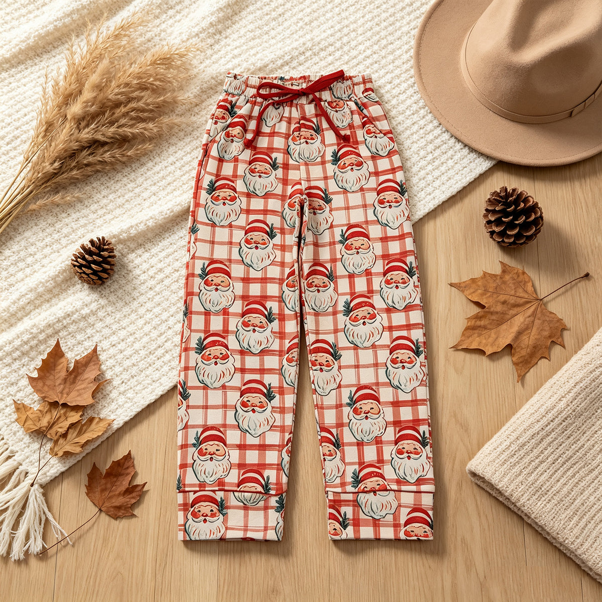 NEW RTS NO MOQ milk silk P1096 Adult Women Red Plaid Santa Print Leg Christmas Length Pants Bottom