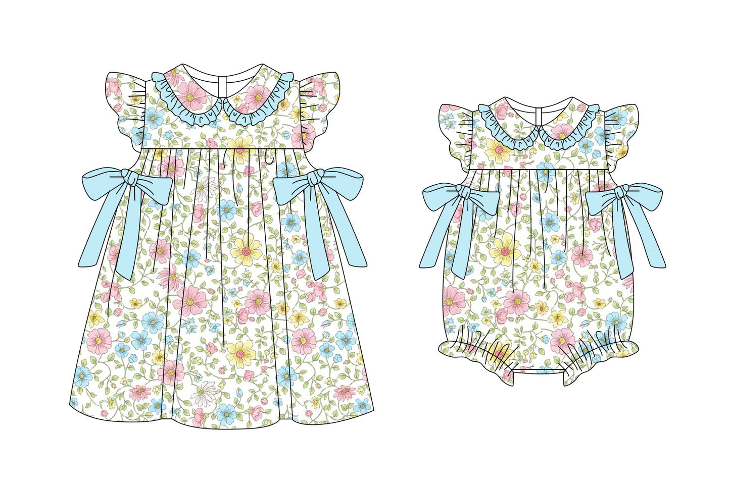 25.11.6 custom each style moq 5 eta 6-8week Sibling Sister floral baby short sleeve romper and dress match design