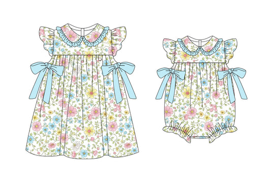 25.11.6 custom each style moq 5 eta 6-8week Sibling Sister floral baby short sleeve romper and dress match design