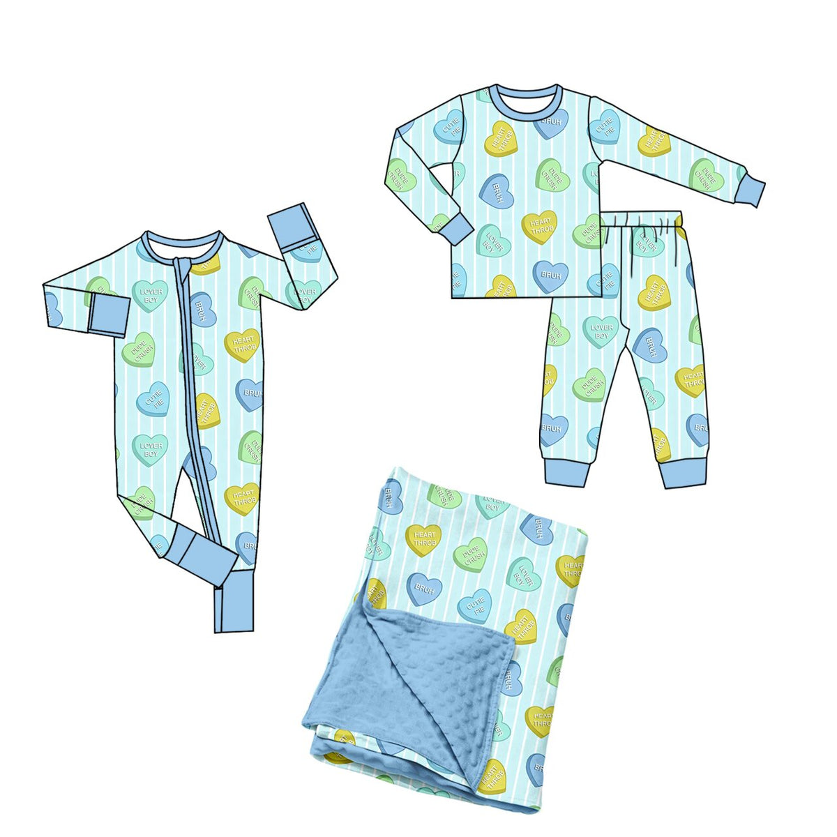 (Preorder new) No moq Baby Girls Valentines Day Candy Heart Stripe Print Long Sleeve Pajama Set Romper Blankets