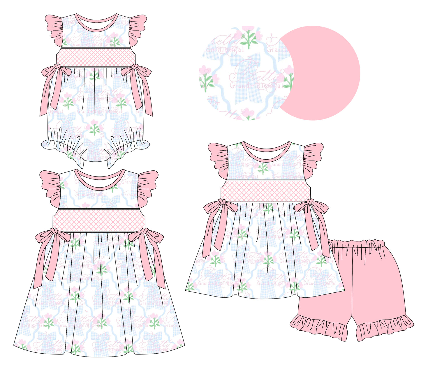 3.8 custom each style moq 5eta 4-6week Sibling Sisters bow floral baby girl short sleeve shorts sets and dress and rompers match family design
