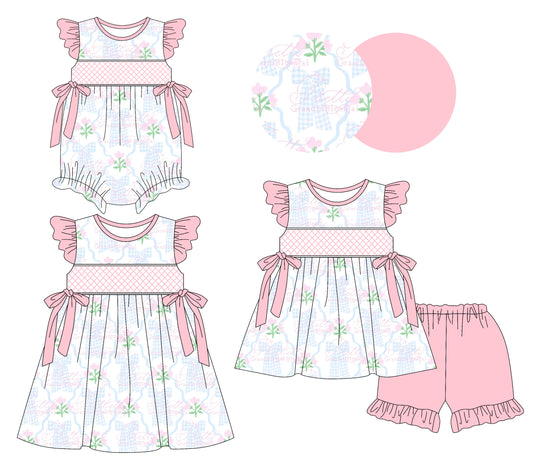 3.8 custom each style moq 5eta 4-6week Sibling Sisters bow floral baby girl short sleeve shorts sets and dress and rompers match family design