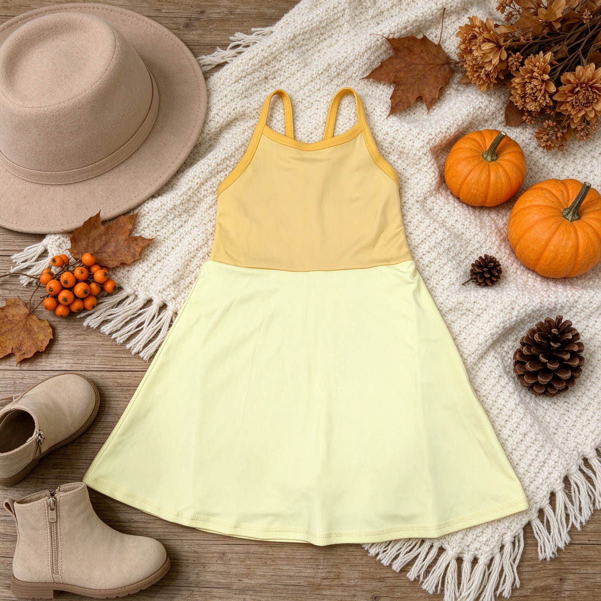 NEW RTS NO MOQ yoga fabric cotton GSD3982 Yoga Baby Girls Yellow Patchwork Strap Yoga Skort Knee Length Dress