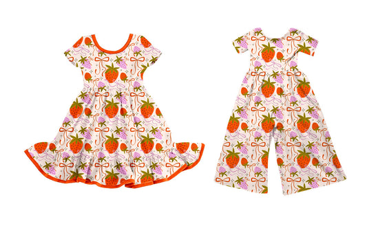 25.10.4 custom each style moq 8 eta 6-8week Sibling Sisters strawberry bow baby girl long sleeve dress and jumpsuit match family design