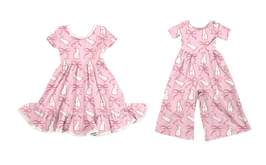 25.9.26 custom each style moq 8 eta 6-8week Sibling Sisters bunny bow baby girl long sleeve dress and jumpsuit match family design