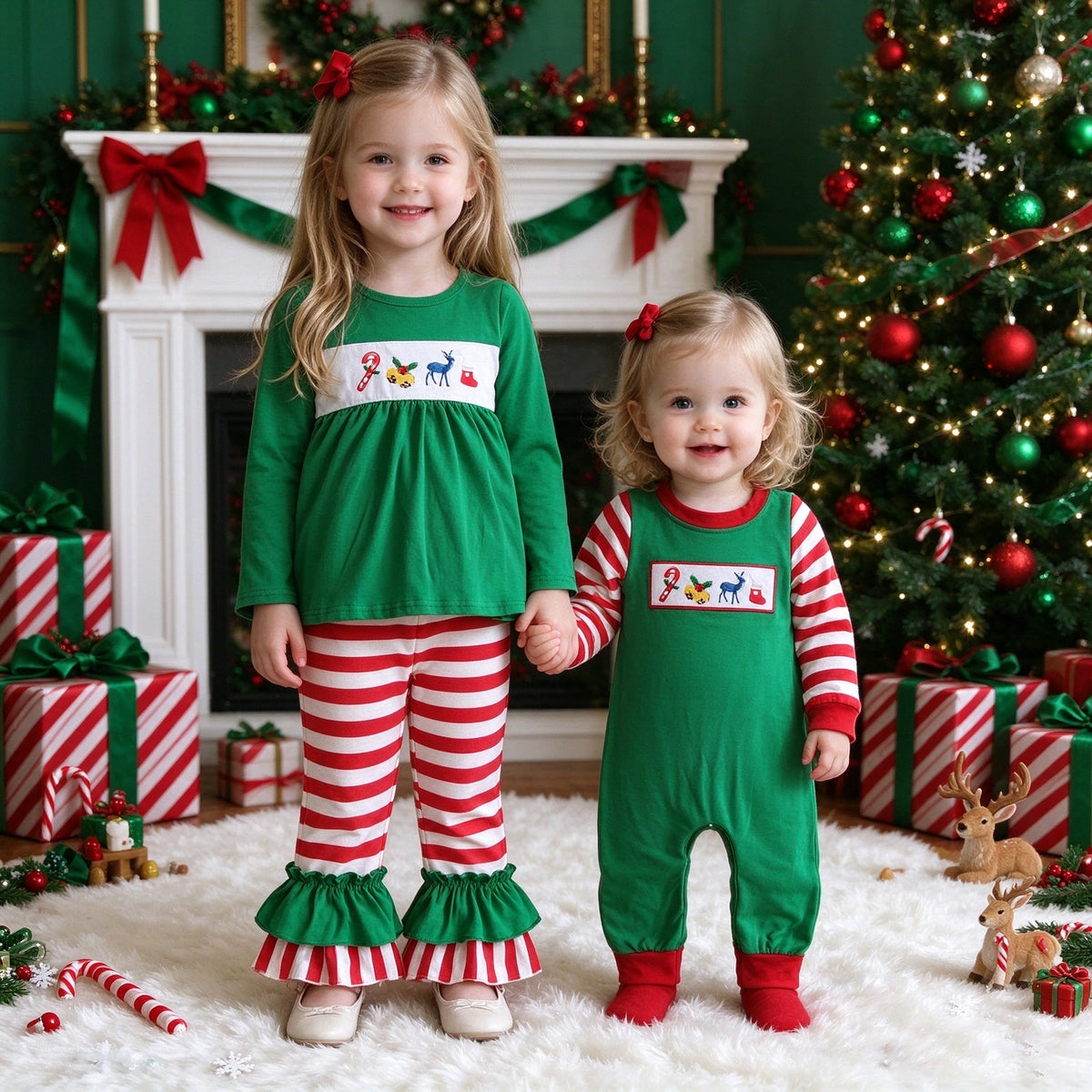 Toddler & Baby Girls Embroidered Christmas Icon Collection - Green Peplum Top Stripe Ruffle Pant Set & Baby Stripe Sleeve Romper