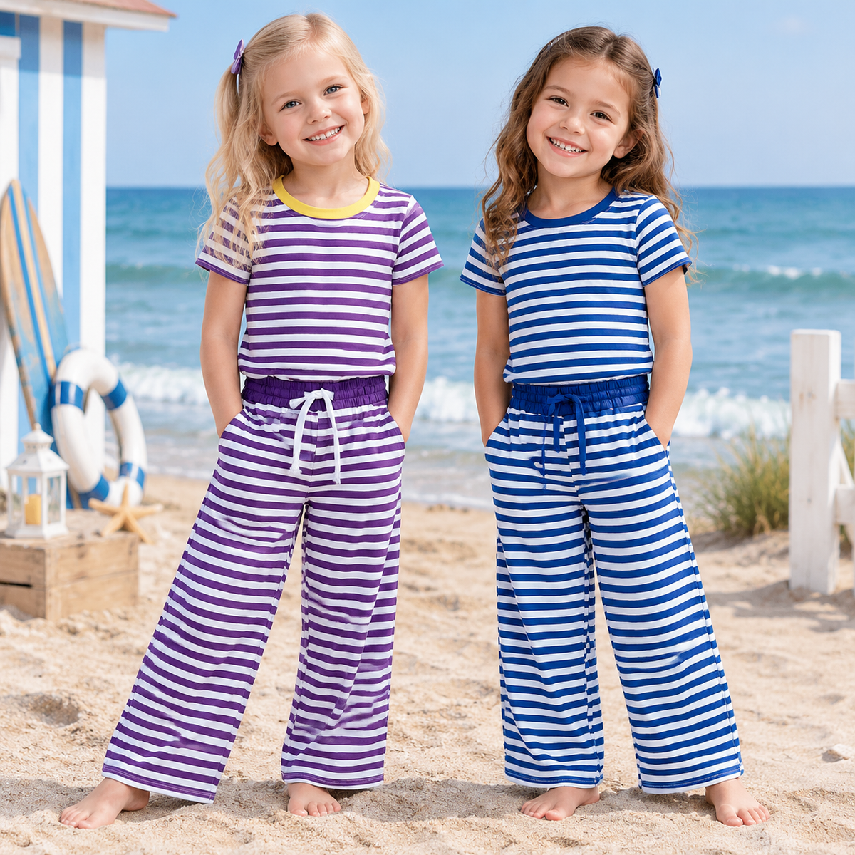 RTS NO MOQ Sibling milk silk Baby Girls Striped Short Sleeve Top And Drawstring Wide Leg Pants Casual Clothes Set