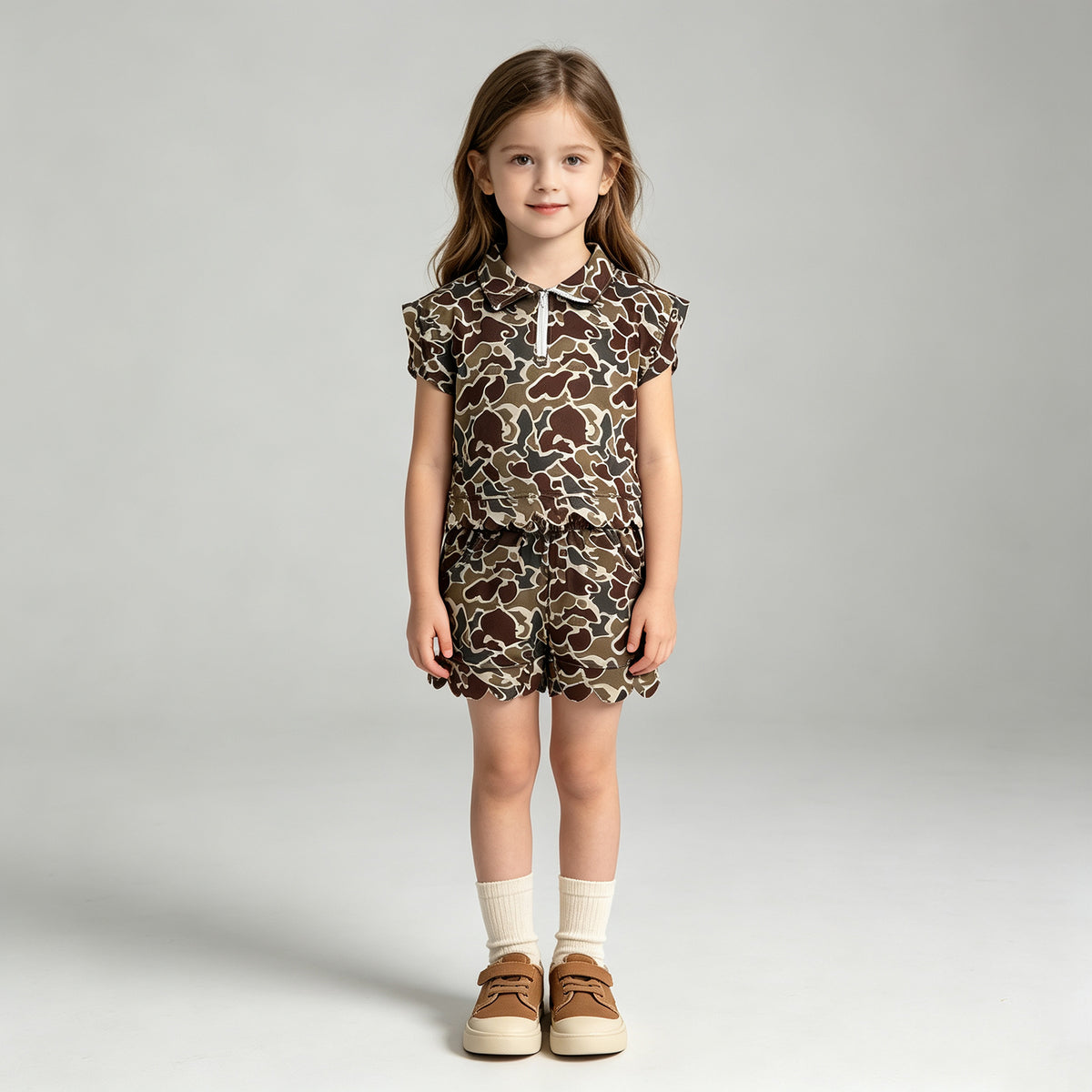 NEW RTS NO MOQ milk silk GSSO3569 Baby Girls Dark Khaki Camo Print Zipper Long Sleeve Top Scallop Hem Shorts Clothes Set