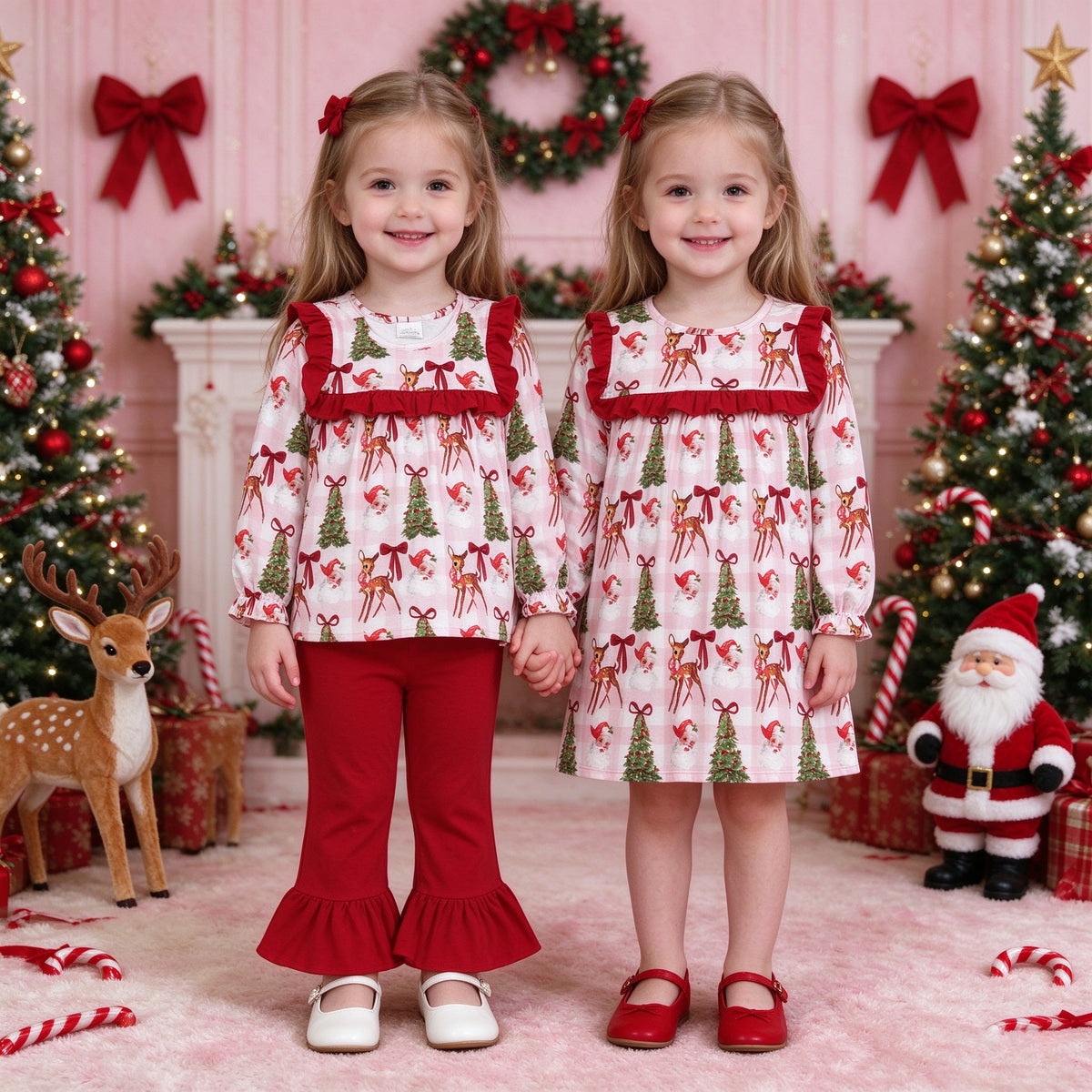 Baby Girls Christmas Deer Collection - Red Ruffle Flare Pant Set & Pink Plaid Dress