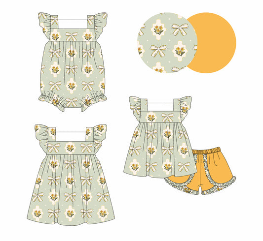 4.3 custom each style moq 5eta 4-6week Sibling Sisters bow floral baby girl short sleeve shorts sets and dress and rompers match family design
