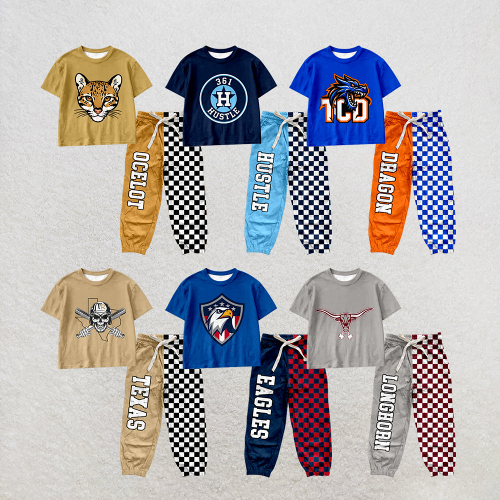custom moq 5 mix size MSD071008 Baby Kids Short Sleeve Shirt Plaid Patchwork Long Pants Team Casual Set