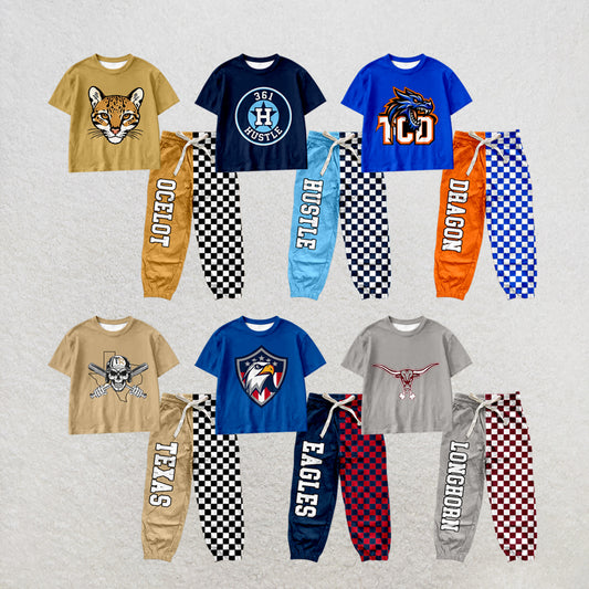 custom moq 5 mix size MSD071008 Baby Kids Short Sleeve Shirt Plaid Patchwork Long Pants Team Casual Set