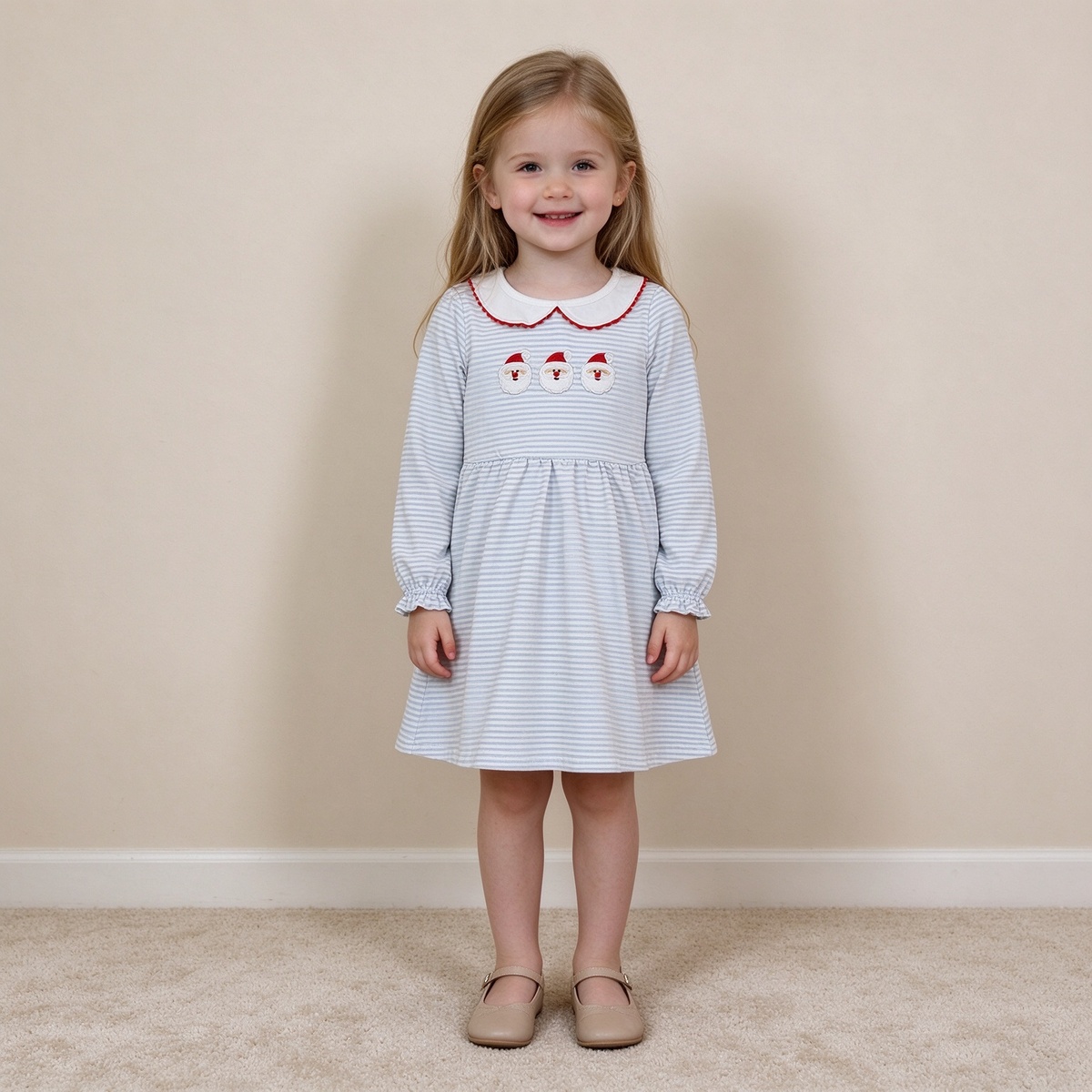 NEW RTS NO MOQ milk silk GLD1673 Embroidery Baby Girls Cute Christmas Blue Stripe Santa Collar Print Knee Length Dress