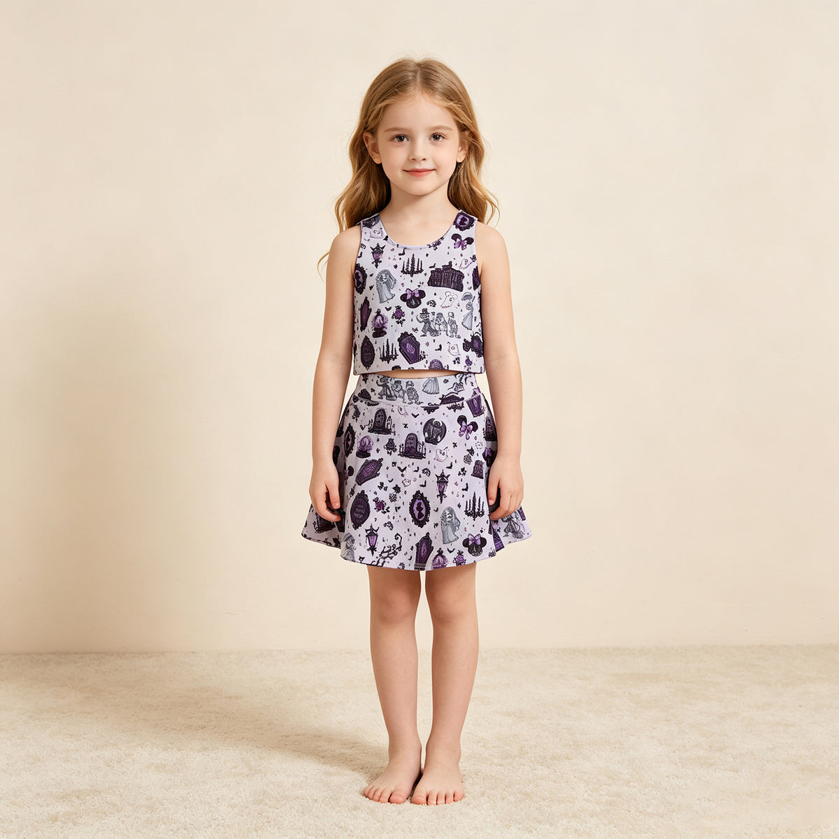 NEW RTS NO MOQ yoga fabric GSD4289 Yoga Cute Clothes Baby Girls Purple Halloween Sleeveless Vest Short Skirt Yoga Active Outfit