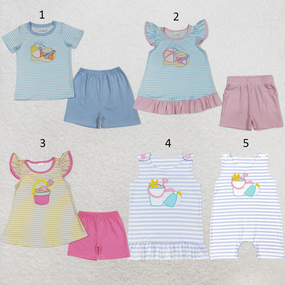 RTS NO MOQ Sibling milk silk Baby Girl Boys Embroidery Striped Beach Two Piece Clothes Set Rompers