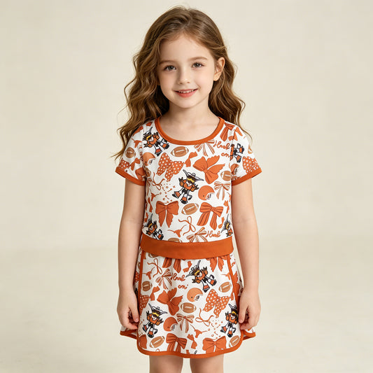 RTS NO MOQ GSD3697 Baby Girls Bow Football Crocodile Print Top And Skirt Set Short Yoga Active Team Outfit