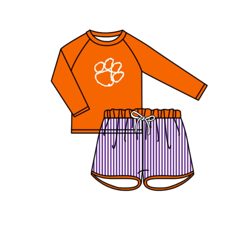 Custom moq 5 mix size milk silk summer teams baby girl boys clothes Orange Two-Piece Swimsuit Set One Piece Swimsuits boy swim trunks