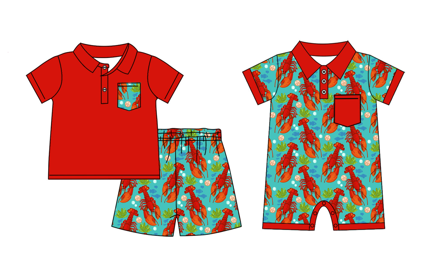 11.29 custom each style moq 5eta 4-6week Sibling Sister crayfish red baby boy short sleeve shorts sets and rompers match design