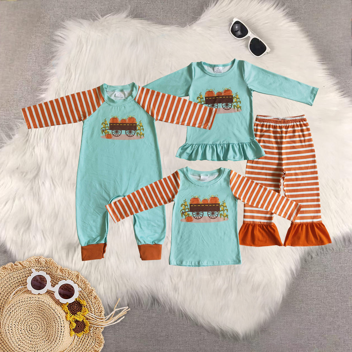 RTS NO MOQ Sibling baby girls clothes boy clothes haloween pumpkin long-sleeved trousers suit & romper and top
