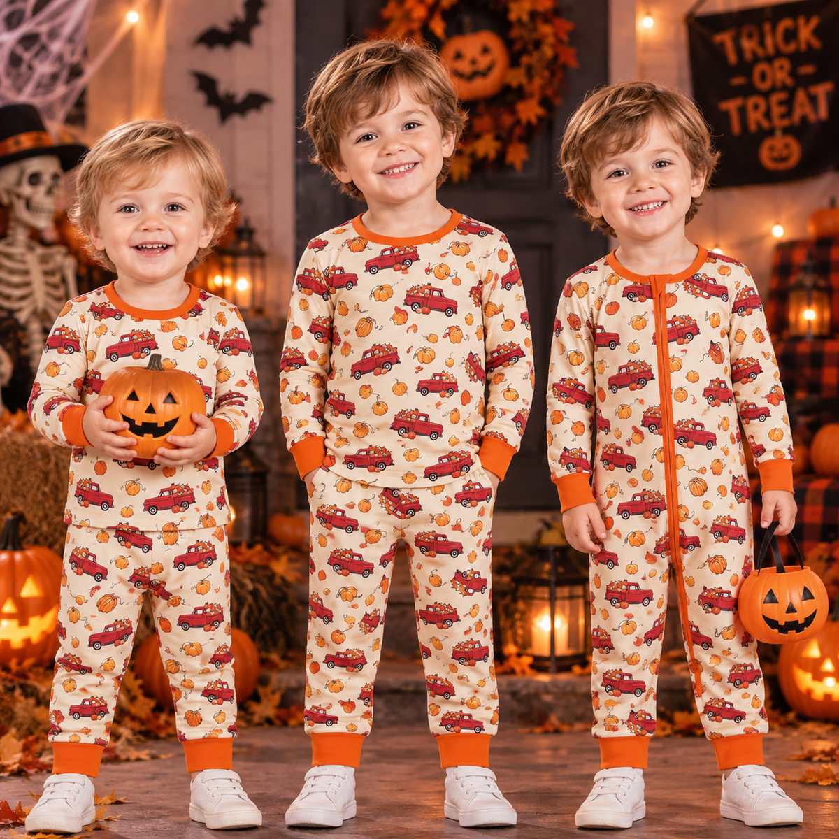 RTS NO MOQ Sibling milk silk Baby Boys Pumpkin Red Truck Print Zipper Romper Pajama Set And Minky Dot Baby Blanket
