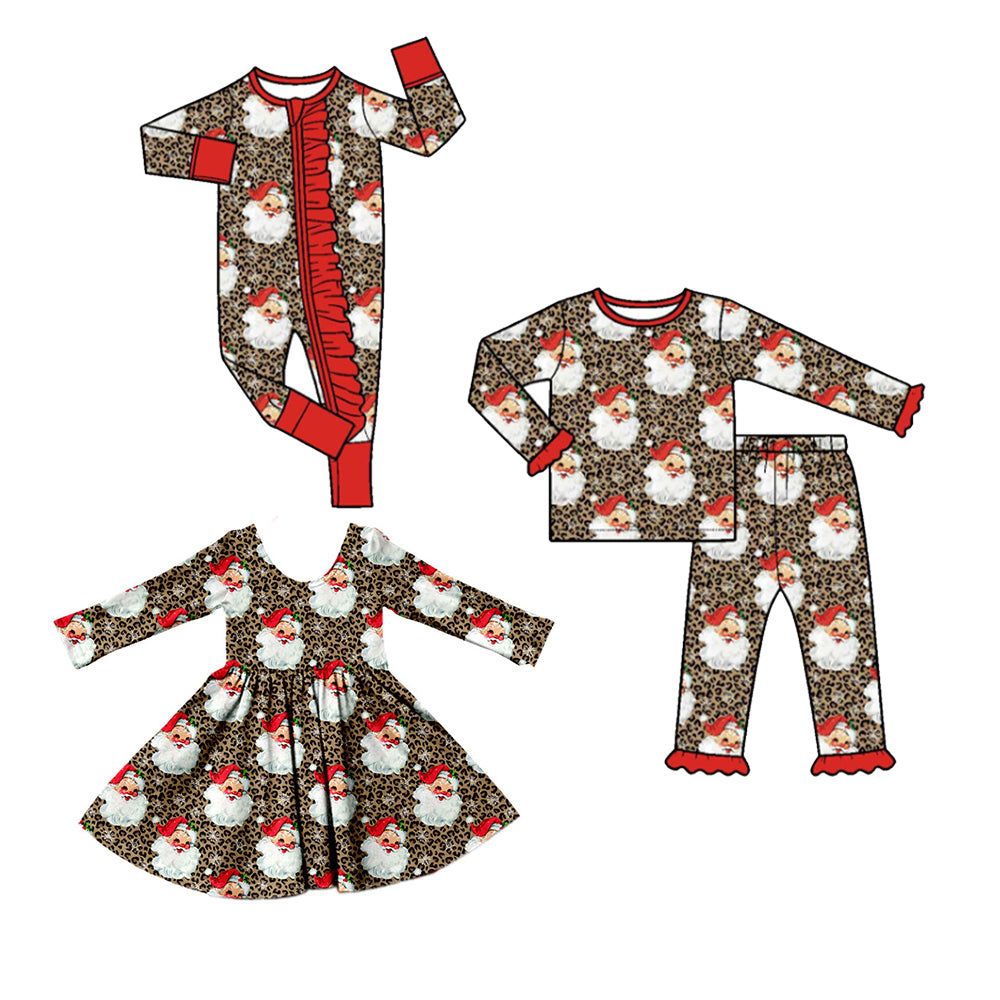 (Preorder new) No moq baby Boys Santa Claus Leopard Long Sleeve Matching Pajamas Set Romper Dress
