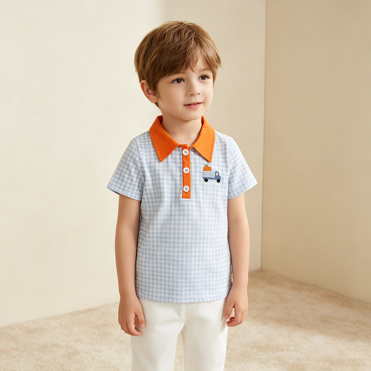 NEW RTS NO MOQ milk silk BT1890 Polos For Kids Boys Blue Checked Pumpkin Truck Fall Button Polo Shirts Top